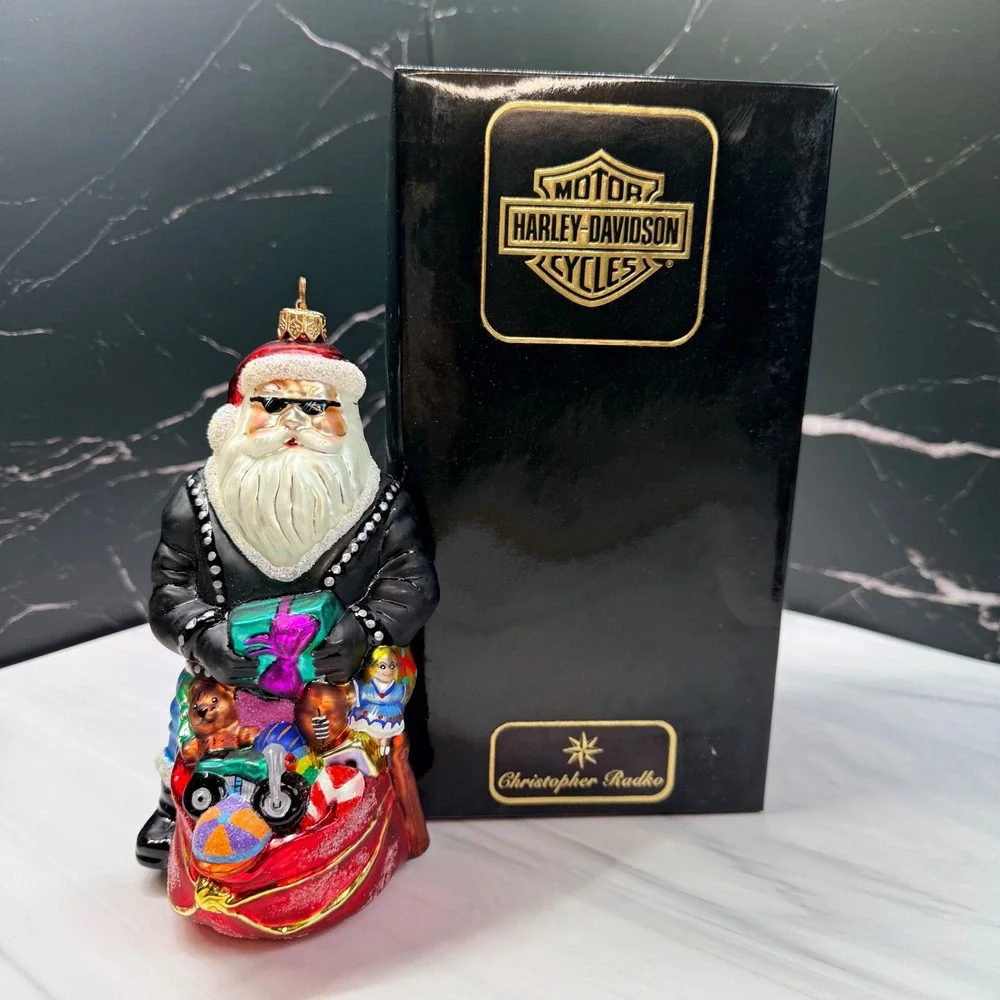 Christopher Radko Harley-Davidson Biker Santa Glass Christmas Ornament with Box